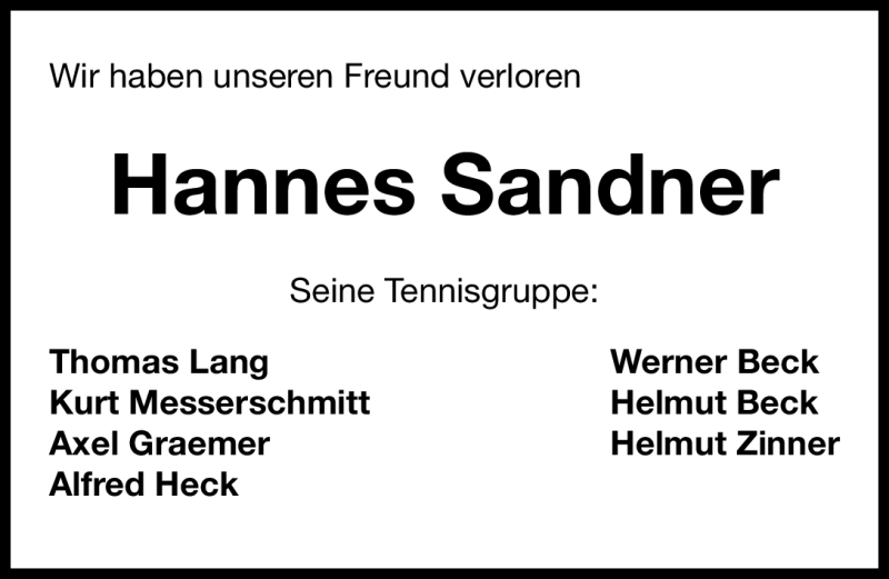  Traueranzeige für Johannes Sandner vom 26.05.2011 aus Nürnberger Nachrichten