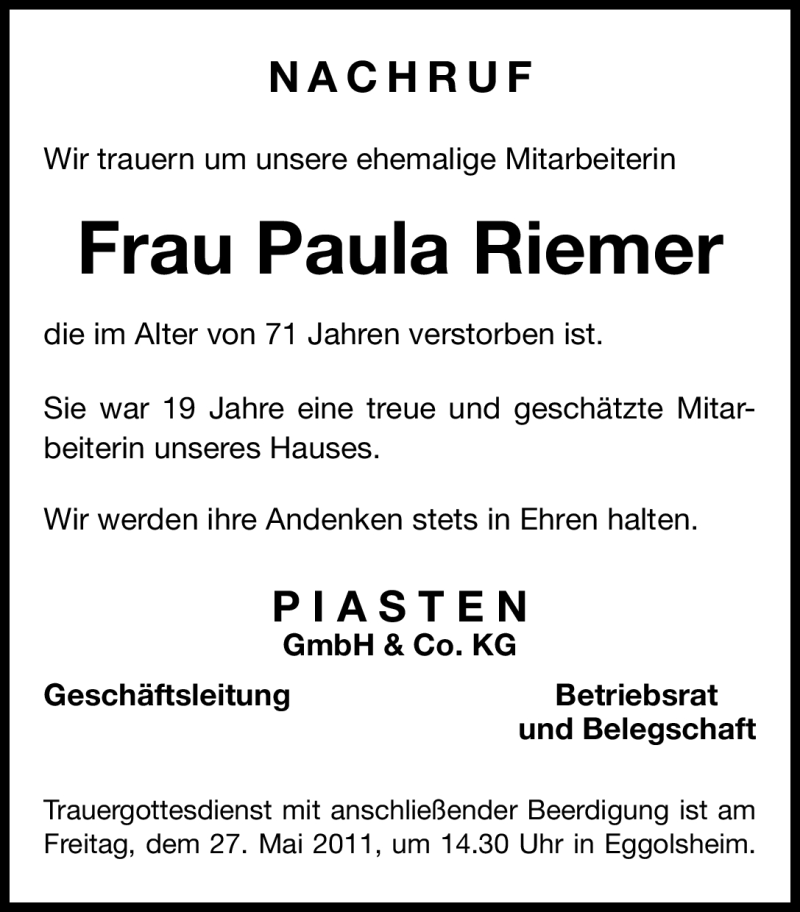  Traueranzeige für Paula Riemer vom 26.05.2011 aus Nürnberger Nachrichten