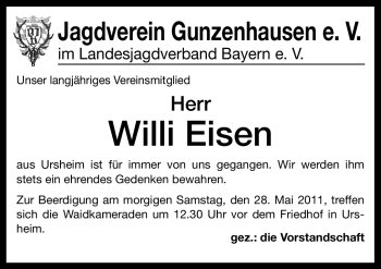 Traueranzeige von Willi Eisen von Nürnberger Nachrichten