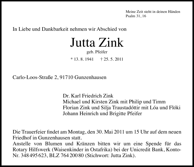  Traueranzeige für Jutta Zink vom 27.05.2011 aus Nürnberger Nachrichten