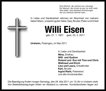 Traueranzeige von Willi Eisen von Nürnberger Nachrichten