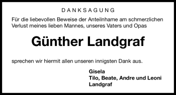 Traueranzeige von Günther Landgraf von Nürnberger Nachrichten