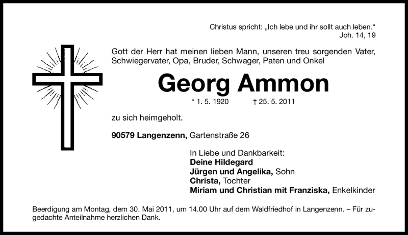 Traueranzeige für Georg Ammon vom 27.05.2011 aus Nürnberger Nachrichten