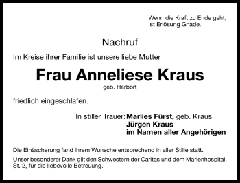 Traueranzeige von Anneliese Kraus von Nürnberger Nachrichten