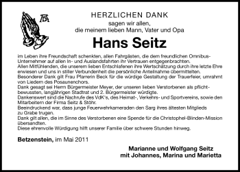 Traueranzeige von Hans Seitz von Nürnberger Nachrichten