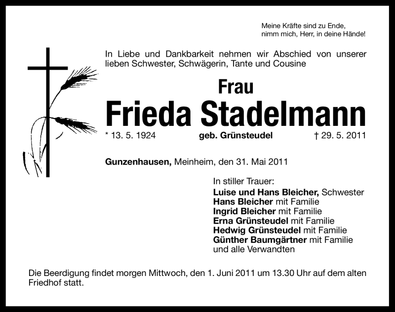  Traueranzeige für Frieda Stadelmann vom 31.05.2011 aus Nürnberger Nachrichten