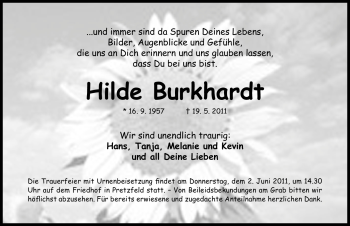 Traueranzeige von Hilde Burkhardt von Nürnberger Nachrichten