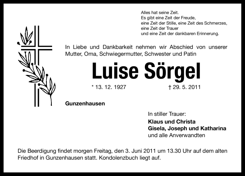  Traueranzeige für Luise Sörgel vom 02.06.2011 aus Nürnberger Nachrichten