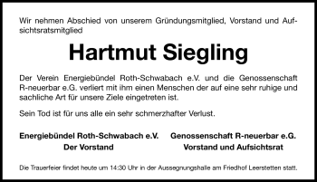 Traueranzeige von Hartmut Siegling von Nürnberger Nachrichten