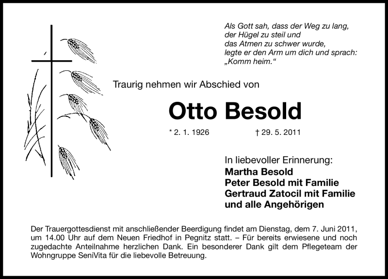  Traueranzeige für Otto Besold vom 04.06.2011 aus Nürnberger Nachrichten