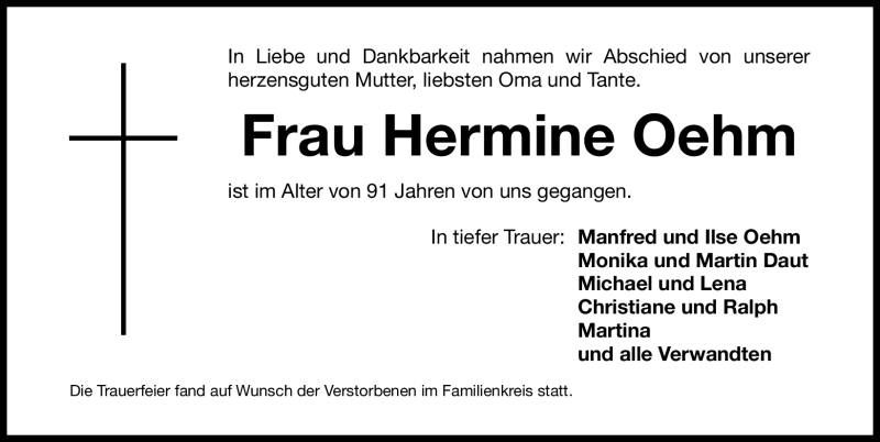  Traueranzeige für Hermine Oehm vom 04.06.2011 aus Nürnberger Nachrichten