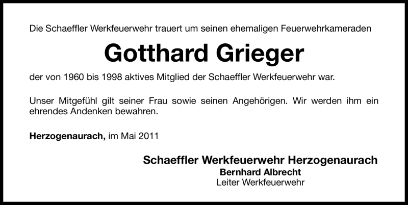  Traueranzeige für Gotthard Grieger vom 02.06.2011 aus Nürnberger Nachrichten