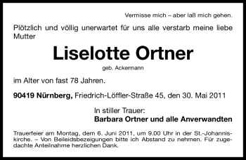 Traueranzeige von Liselotte Ortner von Nürnberger Nachrichten