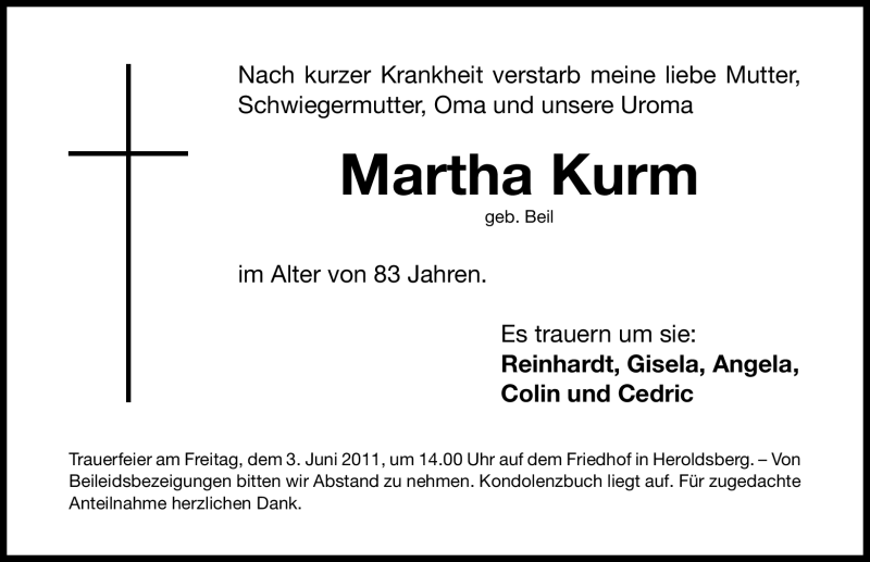  Traueranzeige für Martha Kurm vom 02.06.2011 aus Nürnberger Nachrichten
