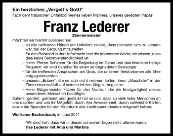 Traueranzeige von Franz Lederer von Nürnberger Nachrichten