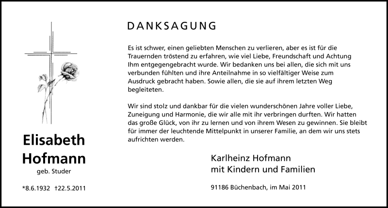  Traueranzeige für Elisabeth Hofmann vom 04.06.2011 aus Nürnberger Nachrichten