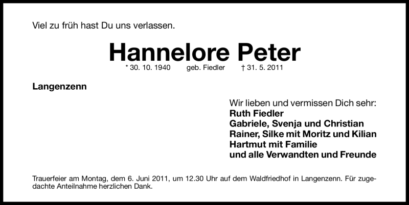 Traueranzeige für Hannelore Peter vom 04.06.2011 aus Nürnberger Nachrichten