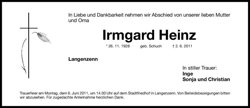  Traueranzeige für Irmgard Heinz vom 04.06.2011 aus Nürnberger Nachrichten