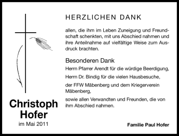 Traueranzeige von Chrisoph Hofer von Nürnberger Nachrichten
