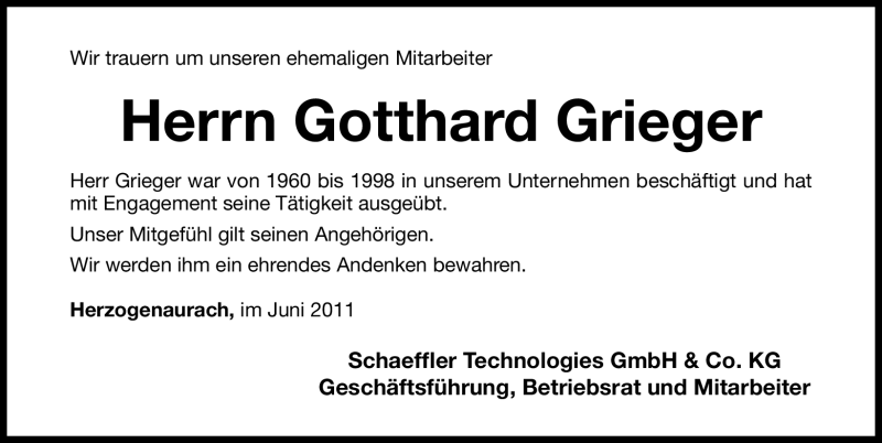  Traueranzeige für Gotthard Grieger vom 04.06.2011 aus Nürnberger Nachrichten
