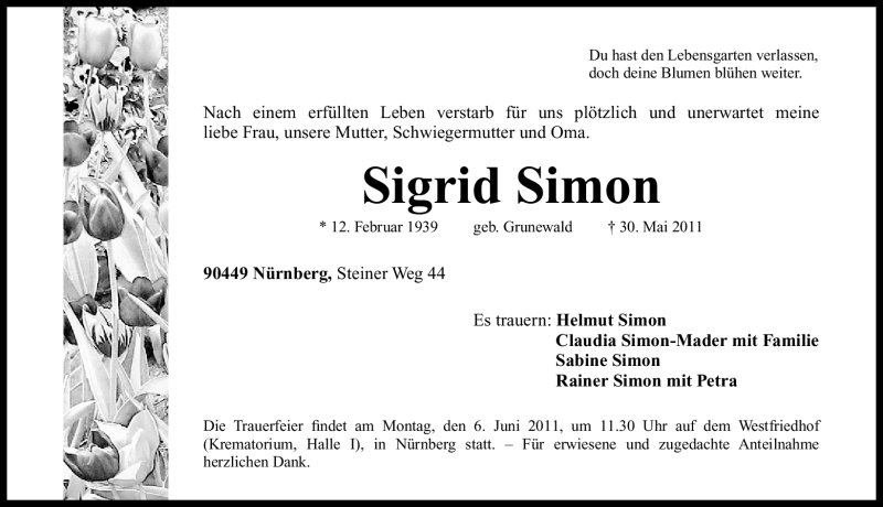  Traueranzeige für Sigrid Simon vom 04.06.2011 aus Nürnberger Nachrichten
