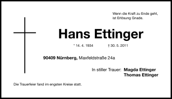Traueranzeige von Hans Ettinger von Nürnberger Nachrichten