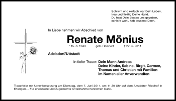 Traueranzeige von Renate Mönius von Nürnberger Nachrichten