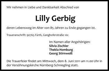 Traueranzeige von Lilly Gerbig von Nürnberger Nachrichten