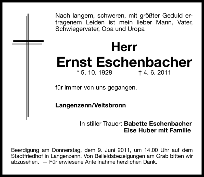  Traueranzeige für Ernst Eschenbacher vom 06.06.2011 aus Nürnberger Nachrichten