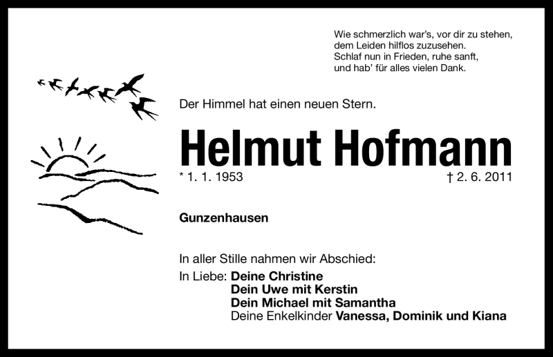  Traueranzeige für Helmut Hofmann vom 06.06.2011 aus Nürnberger Nachrichten
