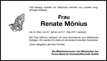 Traueranzeige von Renate Mönius von Nürnberger Nachrichten