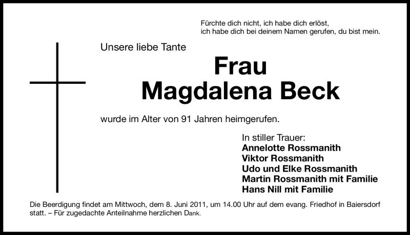  Traueranzeige für Magdalena Beck vom 07.06.2011 aus Nürnberger Nachrichten