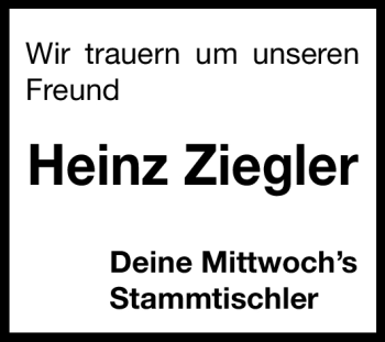Traueranzeige von Heinz Ziegler von Nürnberger Nachrichten