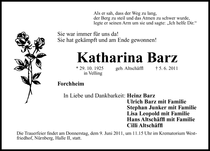  Traueranzeige für Katharina Barz vom 07.06.2011 aus Nürnberger Nachrichten