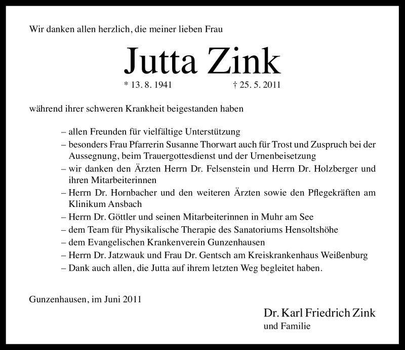  Traueranzeige für Jutta Zink vom 08.06.2011 aus Nürnberger Nachrichten