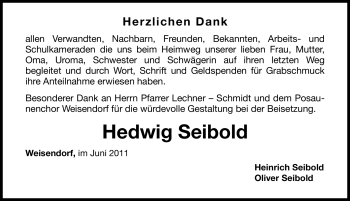 Traueranzeige von Hedwig Seibold von Nürnberger Nachrichten