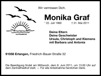 Traueranzeige von Monika Graf von Nürnberger Nachrichten