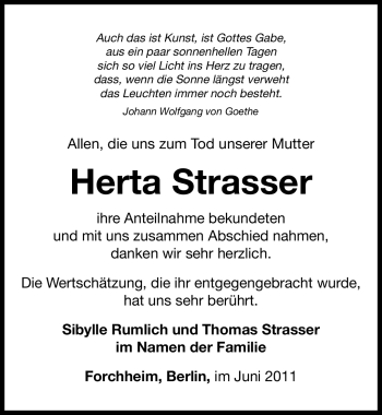 Traueranzeige von Herta Strasser von Nürnberger Nachrichten