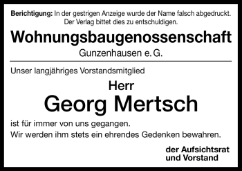 Traueranzeige von Georg Mertsch von Nürnberger Nachrichten
