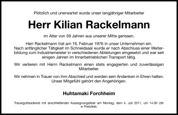 Traueranzeige von Kilian Rackelmann von Nürnberger Nachrichten