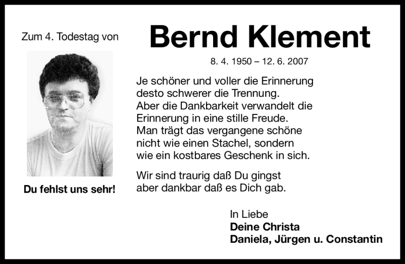  Traueranzeige für Bernd Klement vom 11.06.2011 aus Nürnberger Nachrichten