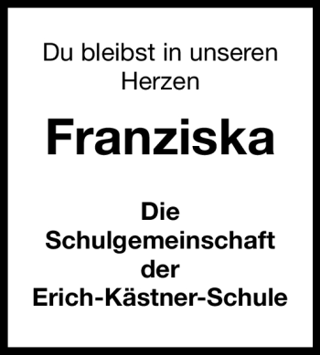 Traueranzeige von Franziska  von Nürnberger Nachrichten