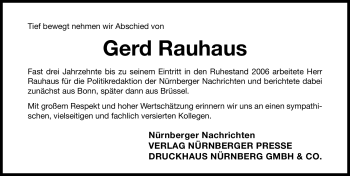 Traueranzeige von Gerd Rauhaus von Nürnberger Nachrichten