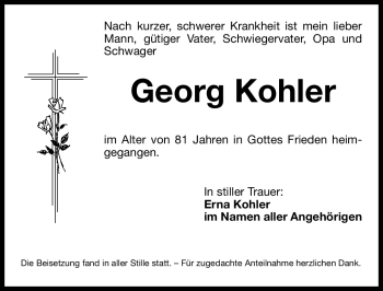 Traueranzeige von Georg Kohler von Nürnberger Nachrichten