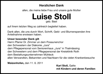 Traueranzeige von Luise Stoll von Nürnberger Nachrichten