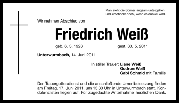 Traueranzeige von Friedrich Weiß von Nürnberger Nachrichten