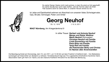 Traueranzeige von Georg Neuhof von Nürnberger Nachrichten