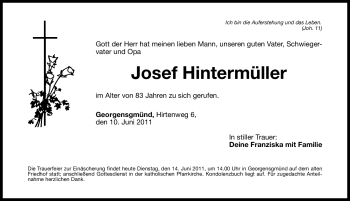 Traueranzeige von Josef Hintermüller von Nürnberger Nachrichten
