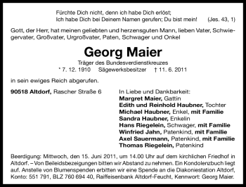 Traueranzeige von Georg Maier von Nürnberger Nachrichten