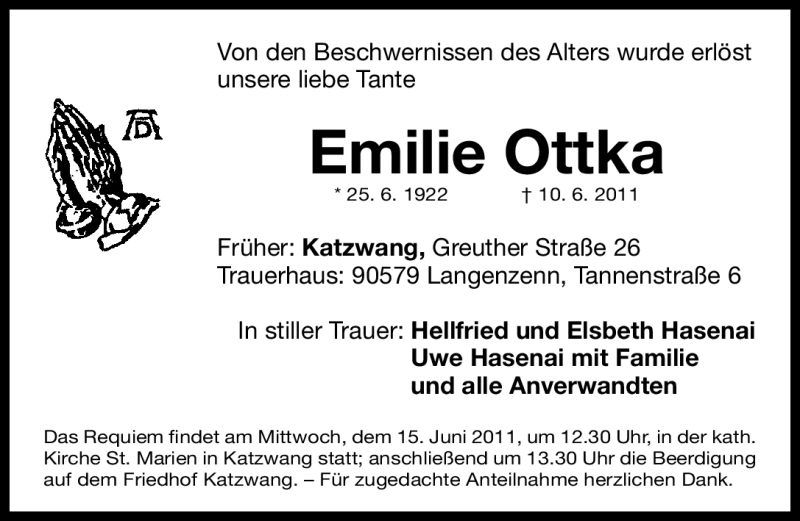  Traueranzeige für Emilie Ottka vom 14.06.2011 aus Nürnberger Nachrichten